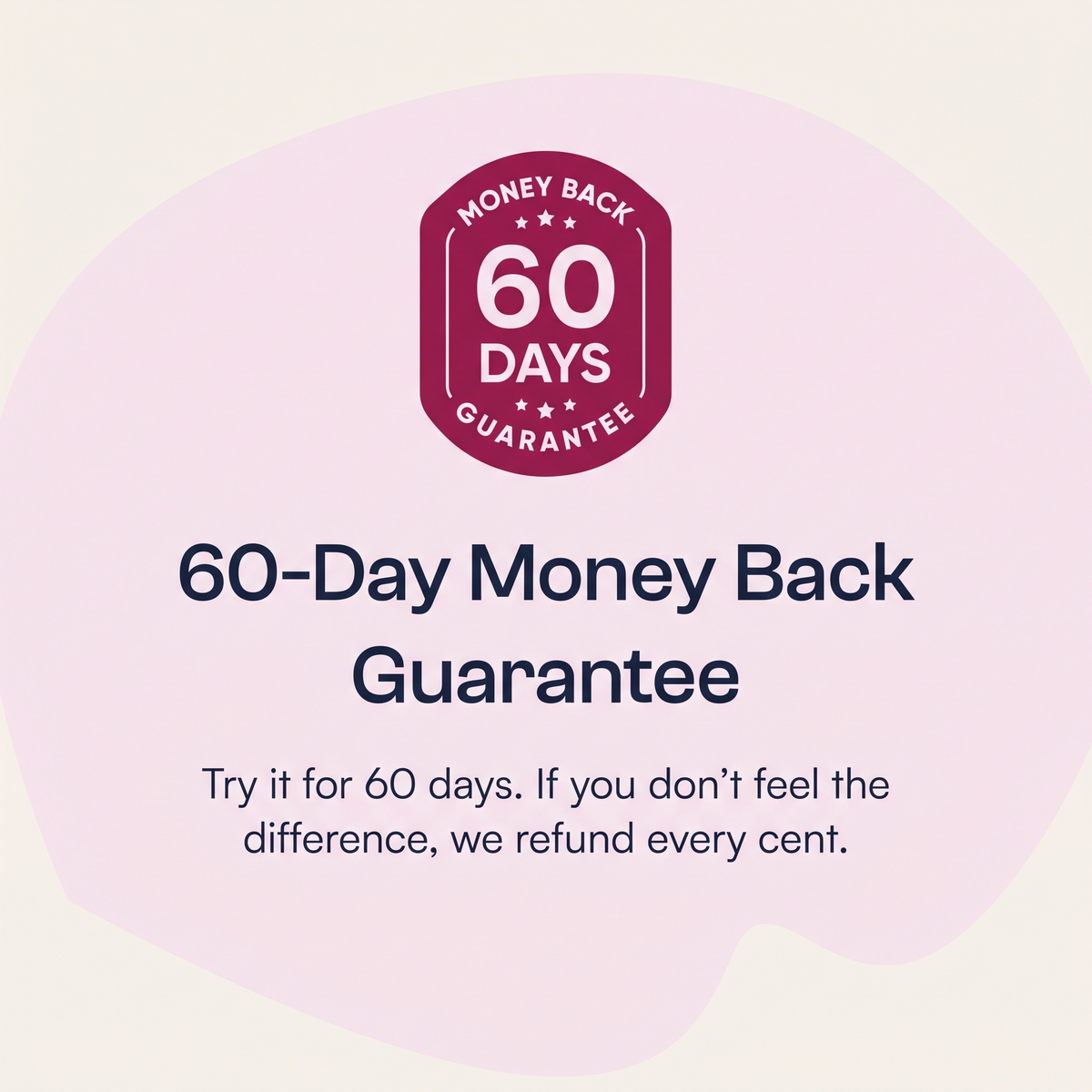GARANTIA · fundo verde claro, selo "60 DAY MONEY BACK", texto "Feel the difference in your legs, face and hair, or get every cent back."
