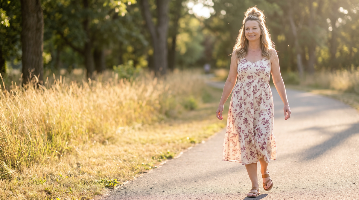 Mulher de 45 a 55 anos caminhando ao ar livre, leve, de vestido, luz de fim de tarde