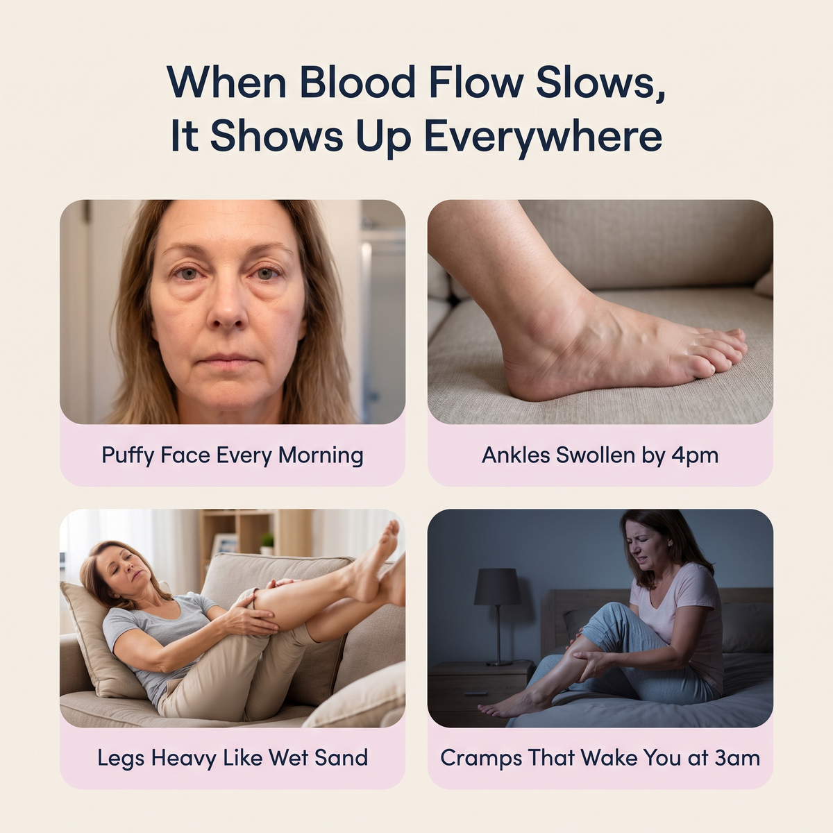 PROBLEMA · "When Blood Flow Slows, It Shows Up Everywhere." Mapa do corpo feminino com setas: couro cabeludo, rosto, mãos, pernas, panturrilhas, tornozelos.