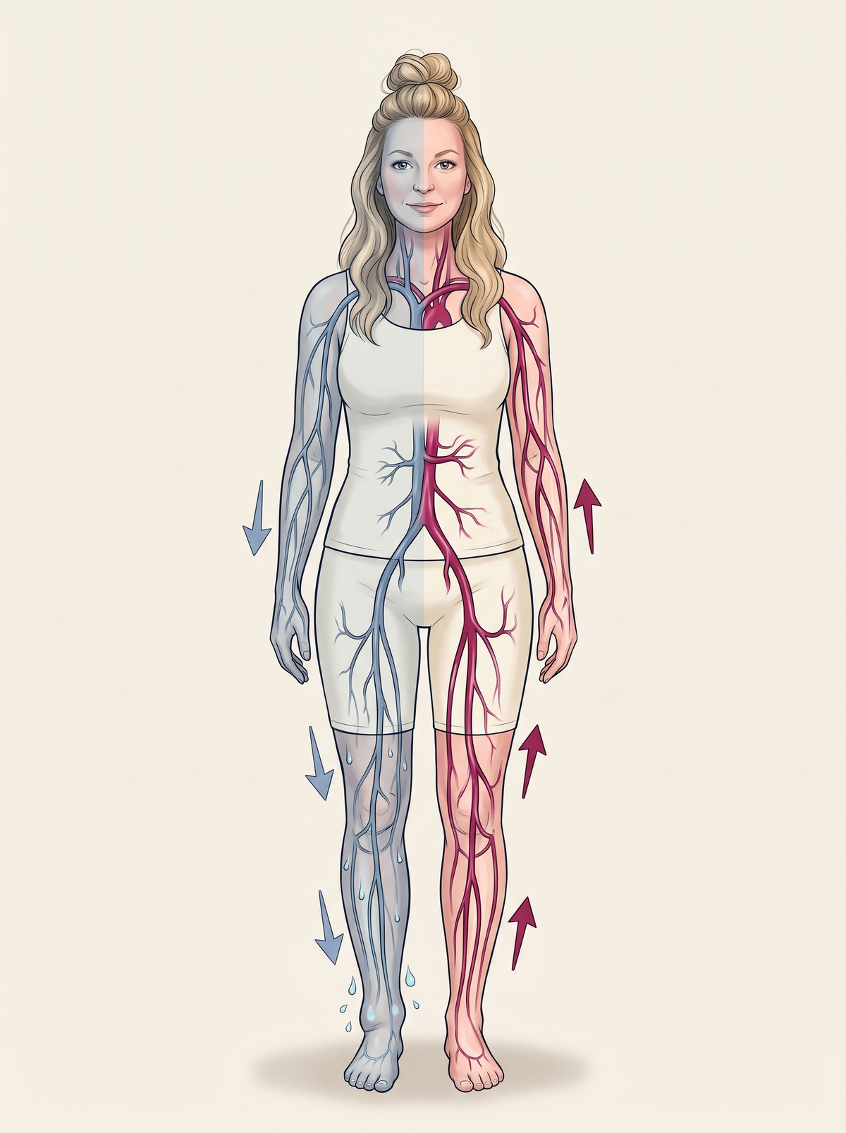 Ilustração 3:4 de corpo feminino de frente, dividido ao meio: metade esquerda azulada com vasos estreitos e setas para baixo (líquido parado), metade direita rosada/Beet com vasos abertos e setas para cima. SEM TEXTO na imagem: as etiquetas são do site.