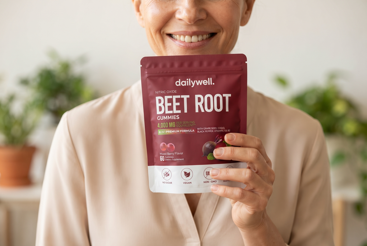 Woman smiling and holding a pouch of Dailywell Beet Root Gummies
