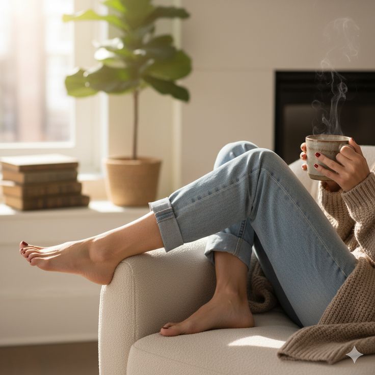 Pernas de mulher relaxadas, pés para cima no sofá