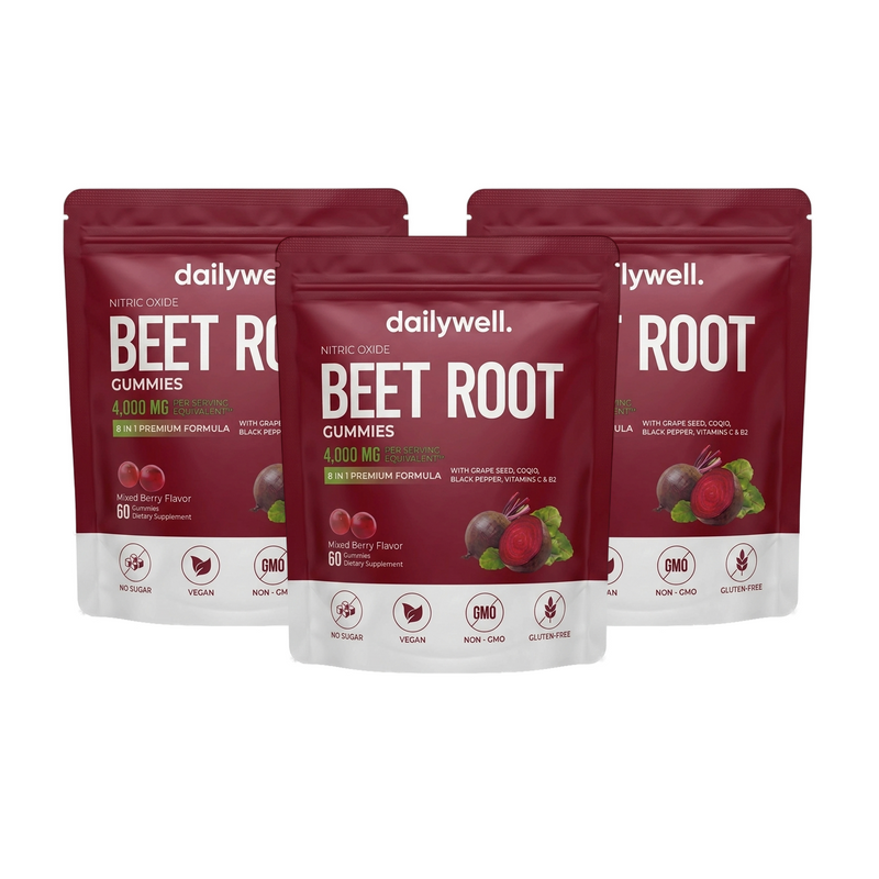 Three pouches of Dailywell Beet Root Gummies